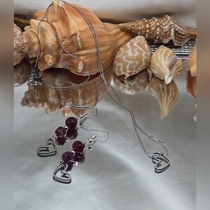 Hand Crafted Faceted Garnet & Stainless Steel Floating Heart Necklace Set